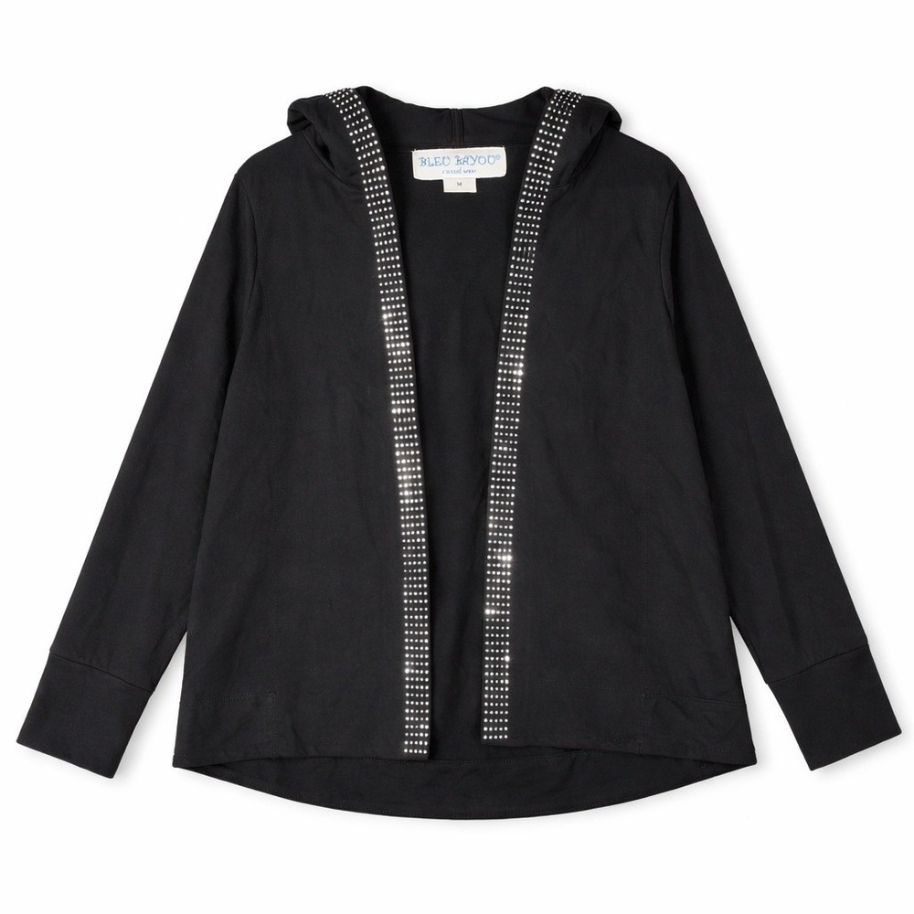Bleu Bayou Womens Black Embellished Rhinestone Hoodie Cardigan Sz M Chic Casual